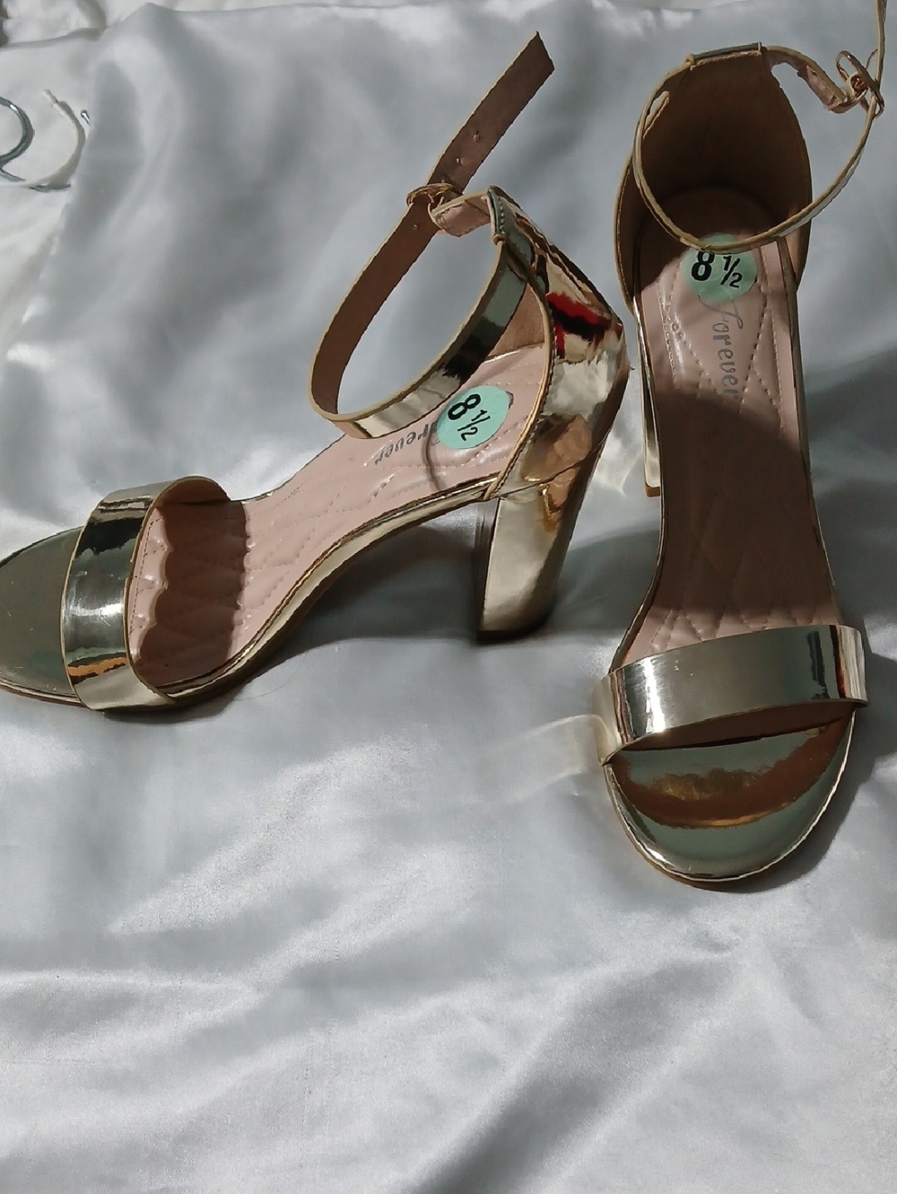 Patent Metallic Ankle-Strap Block Heels in Gold